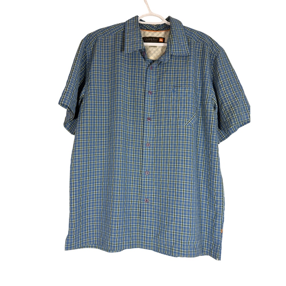 Quiksilver Waterman Collection Mens Large Blue Plaid Short Sleeve Shirt 509949